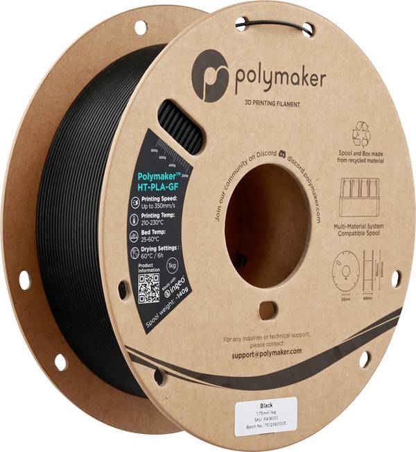 Polymaker PA18001 HT-PLA-GF Filament HT-PLA-GF Hochtemperaturbeständig, Glasfaserverstärkt, Matt, Highspeed Filament 1.75 mm 1000 g Black, Schwarz  1 St.