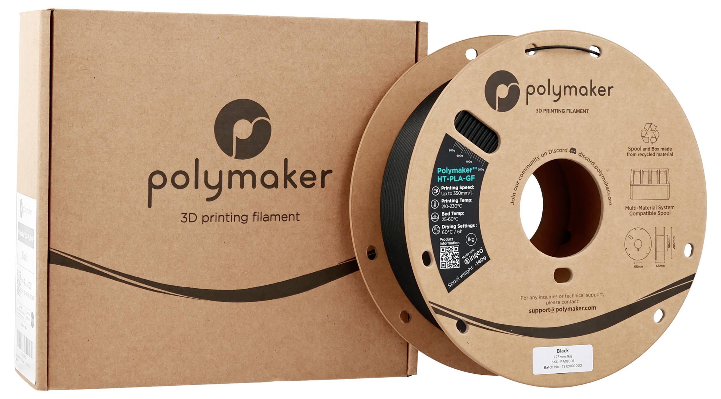 Karton und Spule mit Polymaker-3D-Druckmaterial, das Marke und Produktdetails mit Logo und QR-Code zeigt.