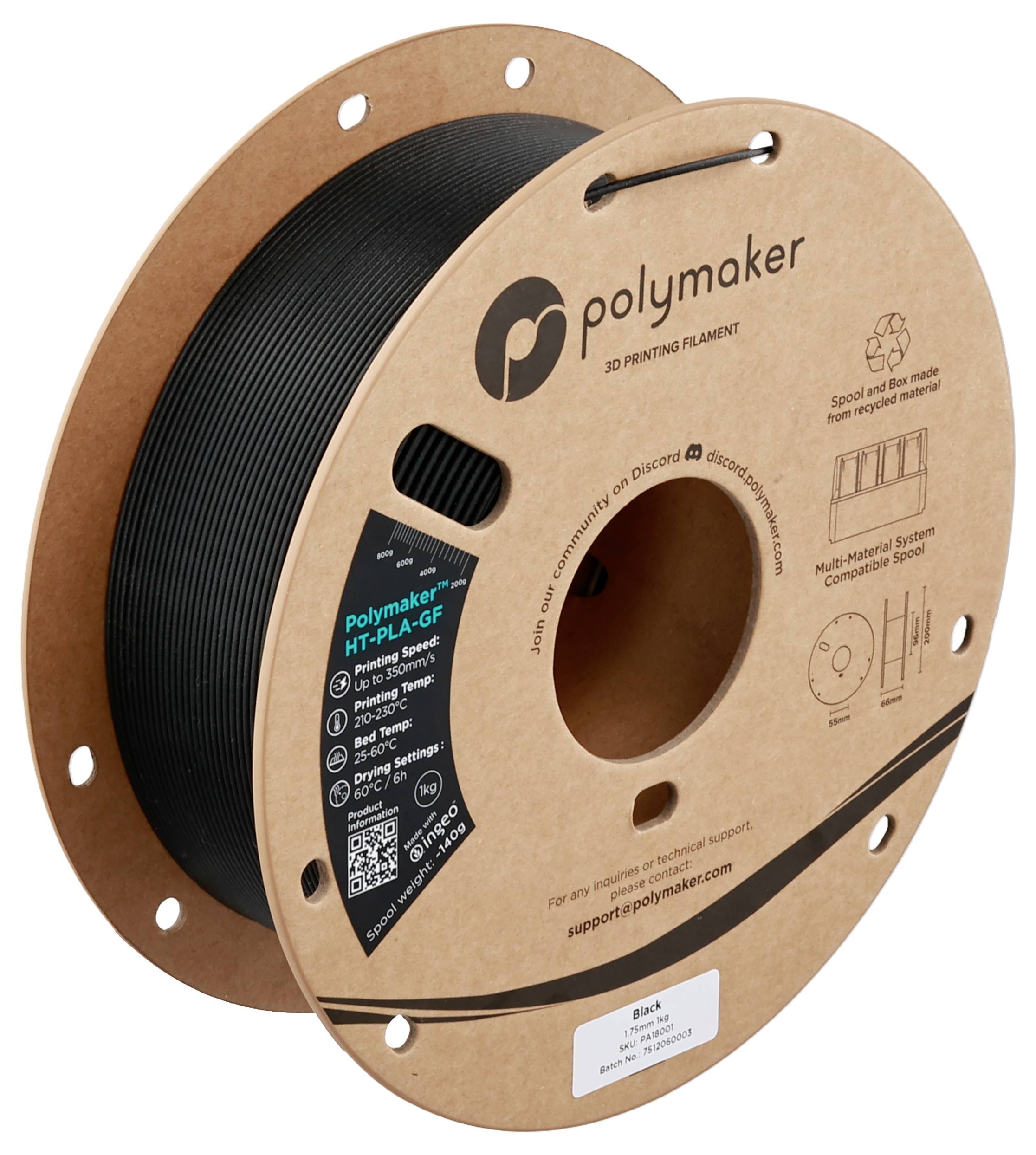 Spule schwarzes Polymaker 3D-Druckfilament mit der Bezeichnung „HT-PLA-GF".