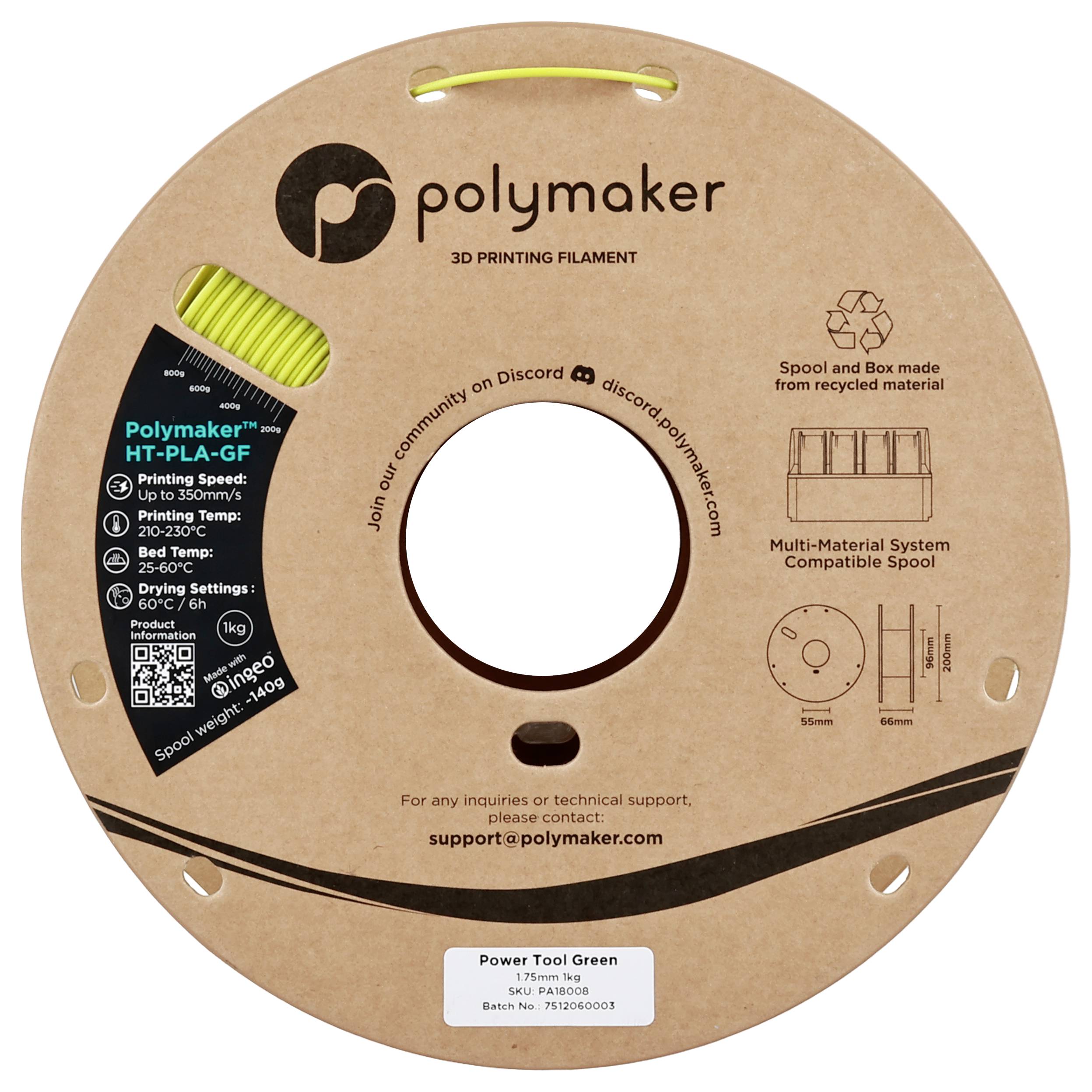 Eine runde Pappspule mit dem Etikett „Polymaker HT-PLA-GF, Power Tool Green, 3D-Druckfilament". Enthält Informationen zu sozialen Medien und einen Recycling-Hinweis.