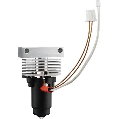 Eine Metall-3D-Drucker-Hotend mit Kühlrippen, Filamentdüse und Anschlusskabeln, verwendet für präzise Kunststoffextrusion beim 3D-Druck.