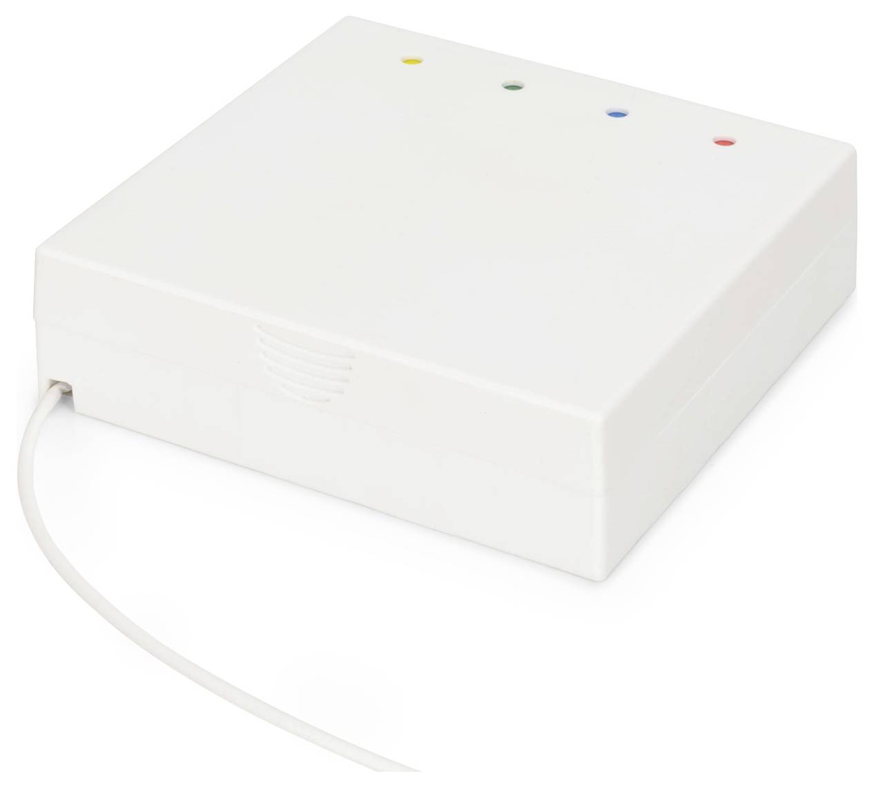 Eine weiße Kunststoff-Elektrobox mit vier kleinen farbigen Lämpchen oben: gelb, grün, blau und rot. Ein Kabel ist an der Seite angeschlossen.