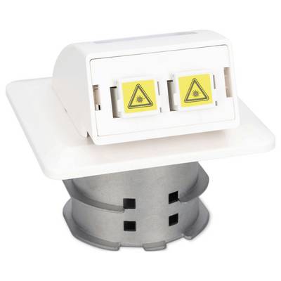Ein oberflächenmontierter optischer Adapterpanel mit zwei gelb gekennzeichneten Warnhinweisports, konzipiert für Glasfaserverbindungen, auf einer Metallbasis.