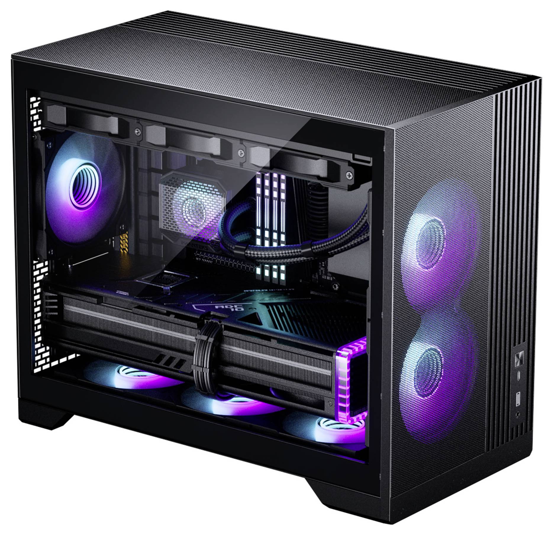 Ein schwarzer Desktop-Computer-Turm mit transparentem Seitenpanel offenbart farbenfrohe interne Lüfter, die violettes und blaues Licht ausstrahlen und moderne Komponenten präsentieren.
