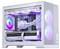 Ein weißes Gaming-Computergehäuse mit sichtbarer RGB-Beleuchtung und Kühlventilatoren, das High-Performance-Hardware mit dem Etikett "Republic of Gamers" präsentiert.