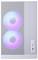 Ein weißes Computergehäuse mit einem Frontpanel aus Gitter zeigt zwei sichtbare RGB-beleuchtete Kühlventilatoren, die einen Regenbogen-Schimmer ausstrahlen.