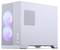 Weißes Computergehäuse mit Maschenseite, RGB-beleuchteten Lüftern an der Front und Frontanschlüssen für USB und Audio.