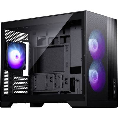 Ein schwarzes Computergehäuse mit transparentem Seitenfenster, das zwei RGB-Lüfter an der Front und einen Lüfter im Heck aufweist und interne Einbauschächte präsentiert.