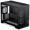 Ein schwarzes Computergehäuse mit Netzaußenseite zeigt sichtbare interne Lüfterbefestigungen. Es verfügt über mehrere Belüftungsöffnungen und eine seitliche Paneeröffnung.