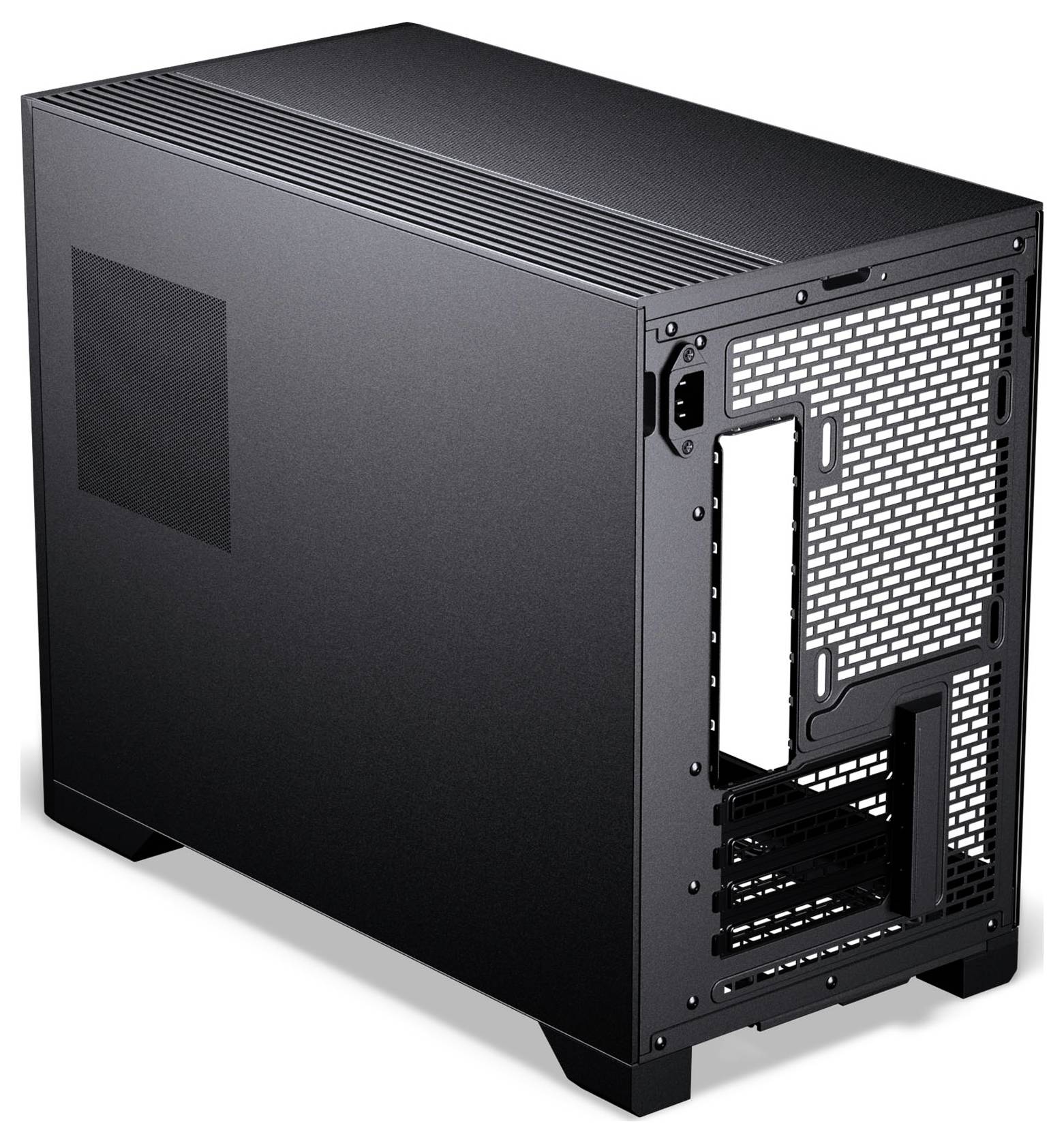 Ein schwarzes Computergehäuse in minimalistischem design, das die Seitenwand und Rückseite zeigt, mit einem offenen Bereich für Ein-/Ausgabeanschlüsse und Netzteil.