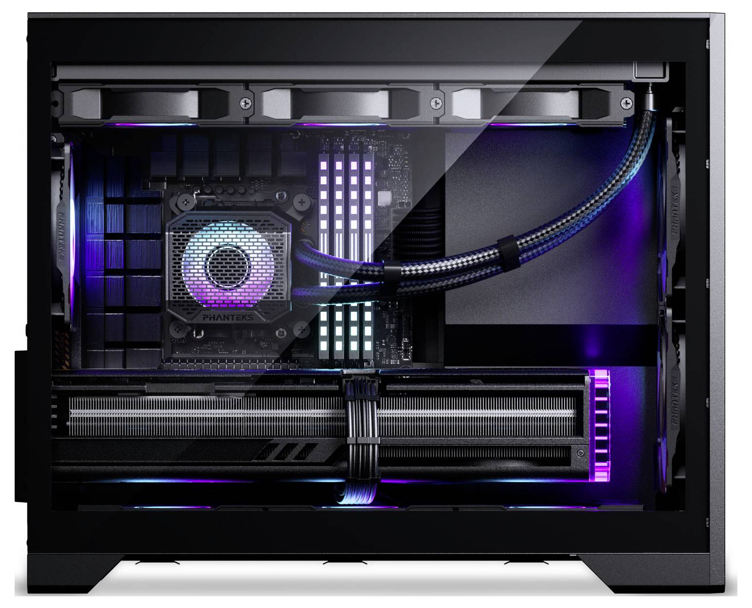 Ein High-Performance-Gaming-PC mit RGB-Beleuchtung im Gehäuseinneren, der das Kühlsystem, die Grafikkarte und andere Hardwarekomponenten hervorhebt.