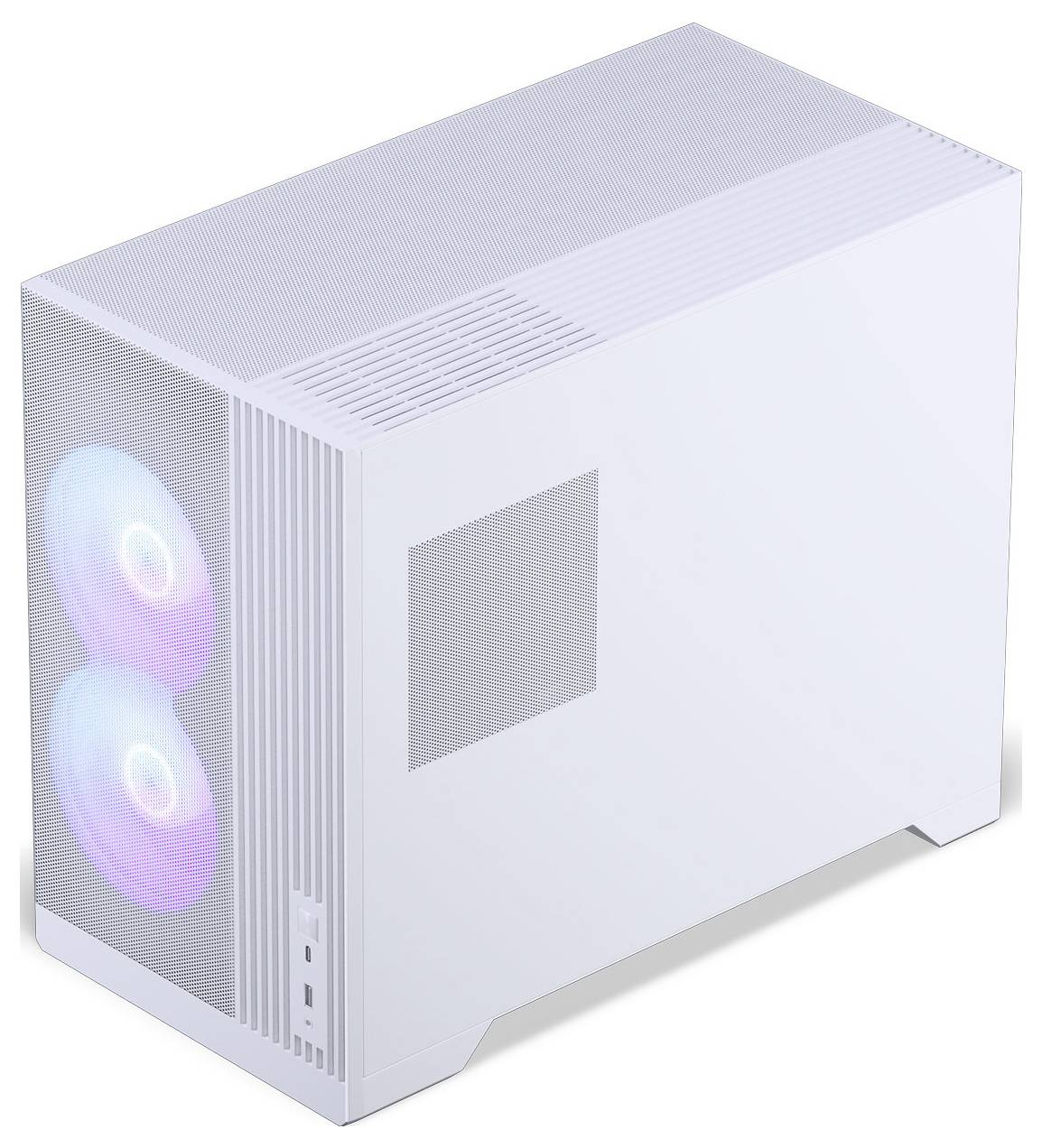 Ein weißes Computergehäuse mit minimalistischem Design verfügt über zwei frontale Kühlventilatoren, die weiches violettes und blaues Licht ausstrahlen.