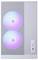Ein weißer Computer-Tower mit zwei großen, nach vorne gerichteten Lüftern, die mit bunten RGB-Beleuchtungen beleuchtet sind und mit Strom- und USB-Anschlüssen auf dem vorderen Bedienfeld ausgestattet sind.
