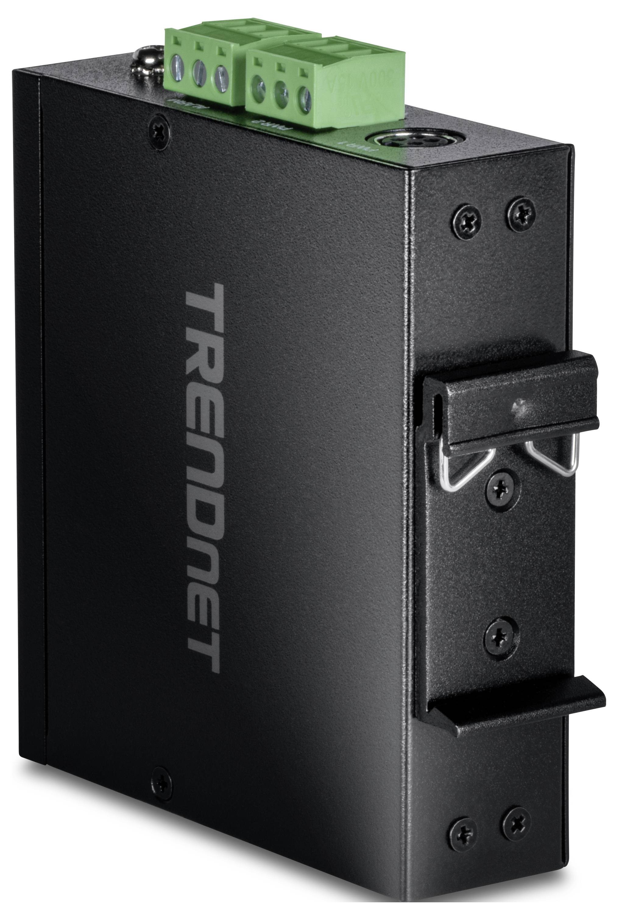 Ein schwarzer TRENDnet industrieller Netzwerkswitch mit grünen Anschlussklemmen, entwickelt für robuste Umgebungen. Geeignet für raue Bedingungen.