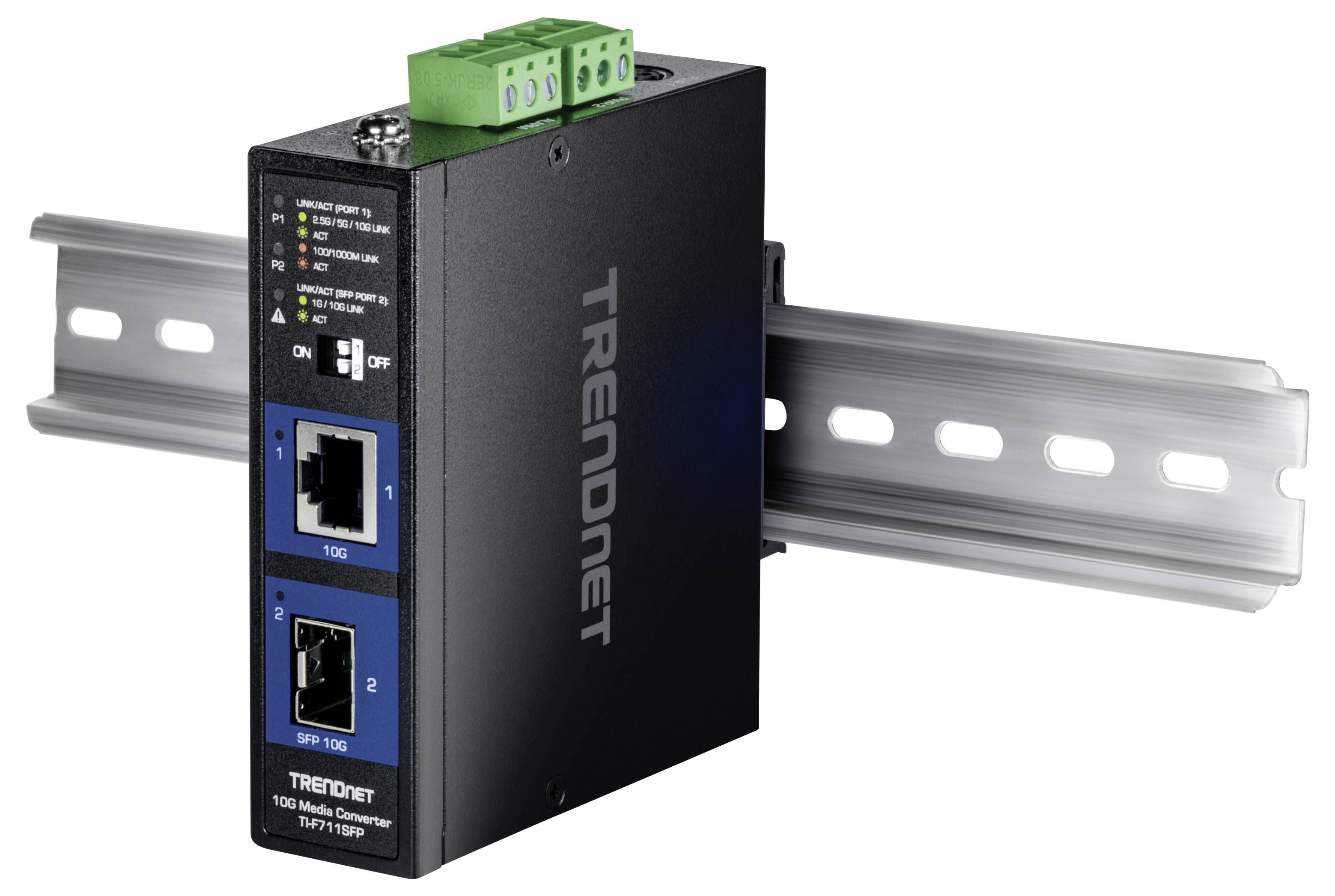 TRENDnet TI-M11GFP industrieller Netzwerk-Switch, der auf einer DIN-Schiene montiert ist und Anschlüsse sowie Statusanzeigen für Konnektivität und Stromversorgung zeigt.