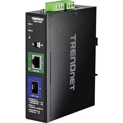 Netzwerk-Switch mit 'TRENDnet' Branding; ausgestattet mit zwei Anschlüssen: einem 10G PoE-Port und einem SFP+ 10G-Port. Enthält Stromanzeigelampen und einen grünen Anschlussblock.