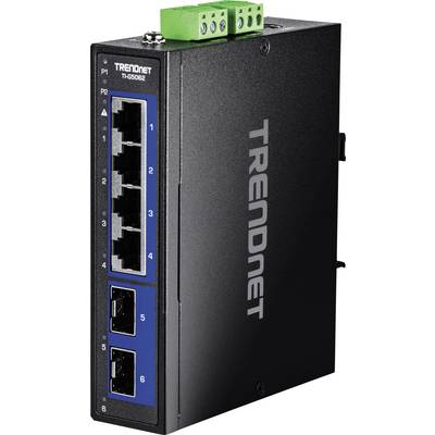 Industrieller Netzwerkswitch mit 4 Ethernet-Ports und 2 Steckplätzen. Beschriftet als 'TRENDnet TI-G508'. Matte schwarze Gehäuse und grüner Terminalblock an der Oberseite.