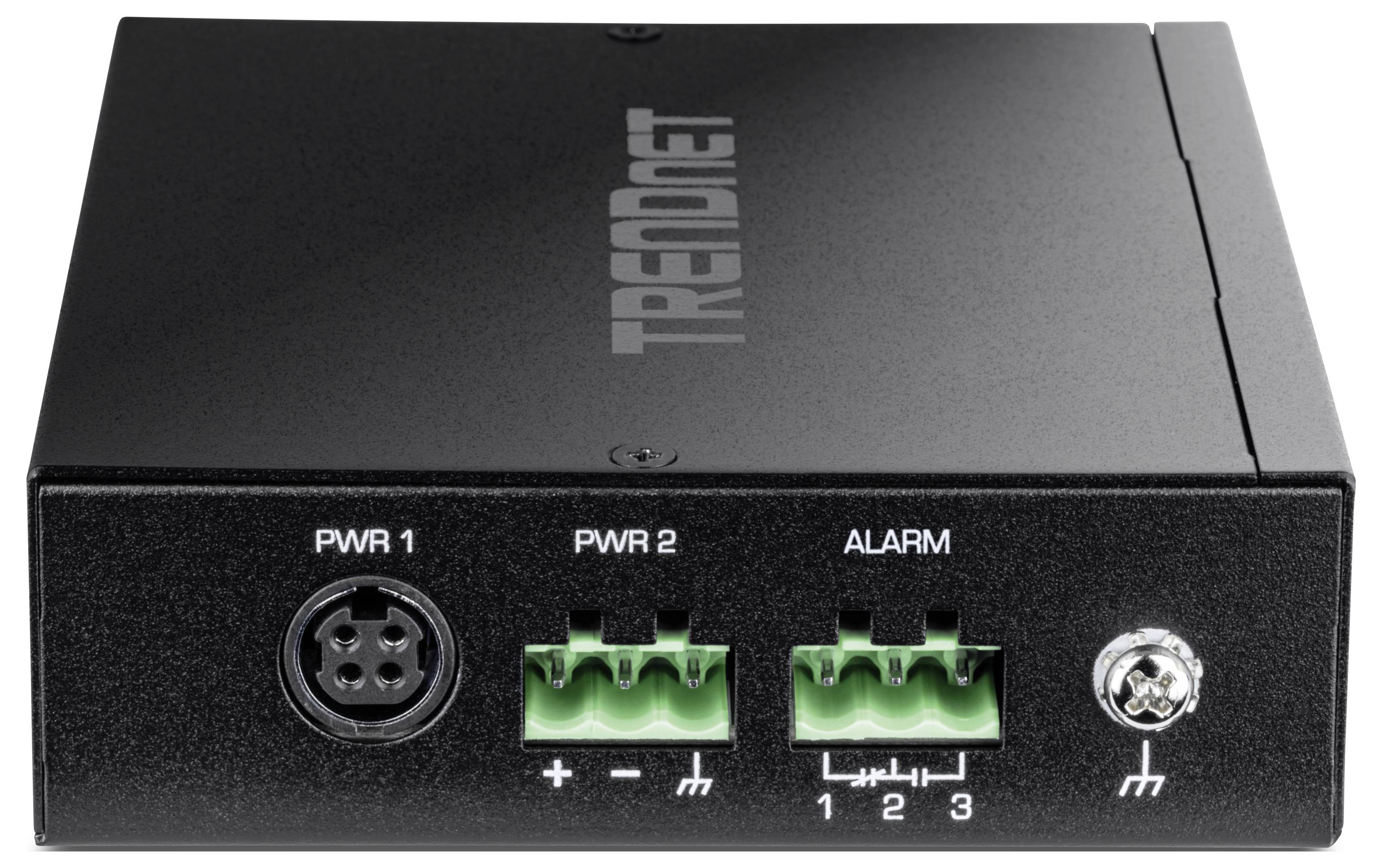 Ein schwarzes Gerät mit der Bezeichnung 'TRENDnet', das über Energie- und Alarmports verfügt, einschließlich eines kreisförmigen PWR 1-Anschlusses sowie grüner Anschlüsse für PWR 2 und ALARM.