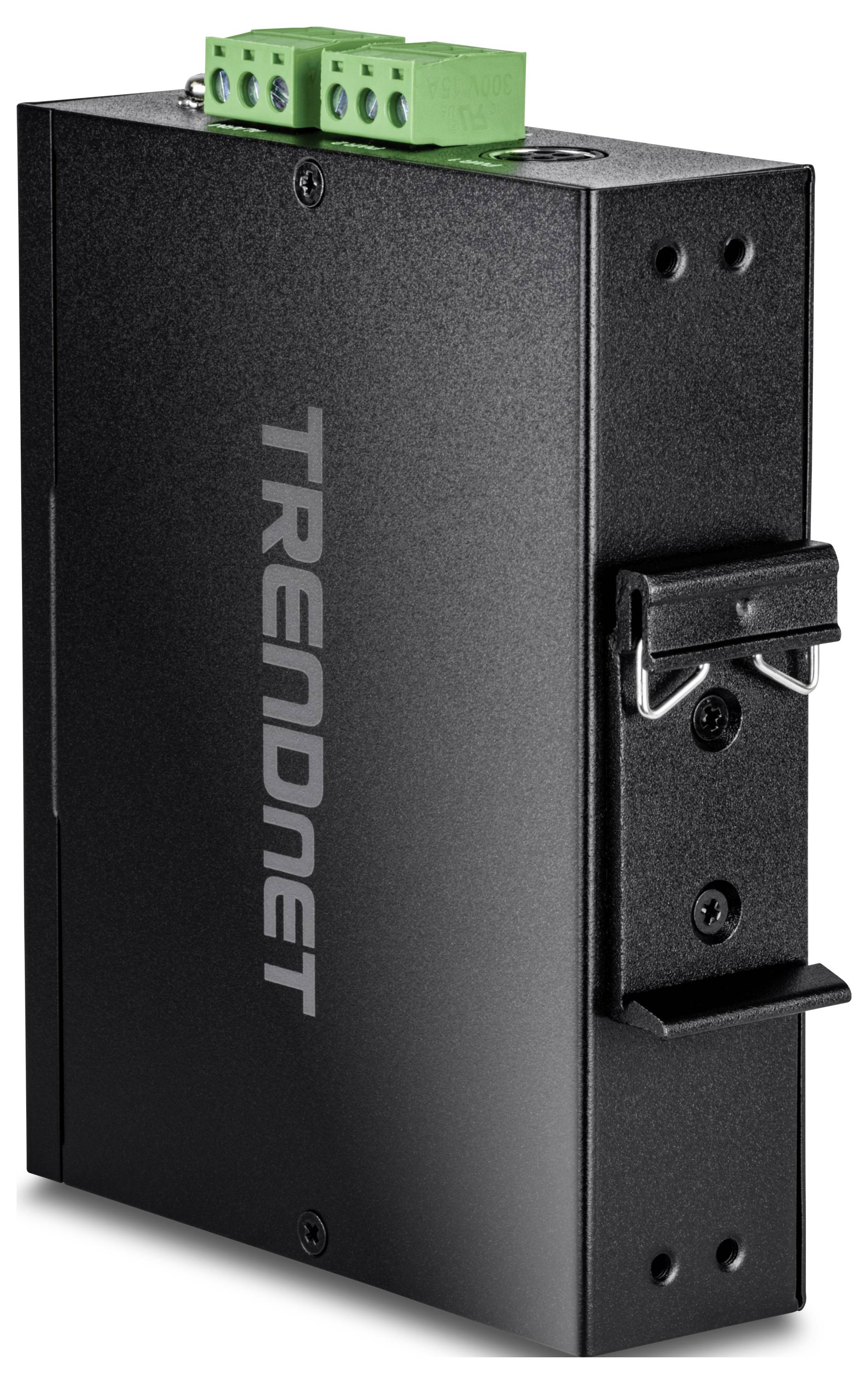 Ein schwarzes industrielles Netzwerkgerät mit "TRENDnet" an der Seite, ausgestattet mit grünen Klemmblöcken oben und einer Befestigungshalterung rechts.