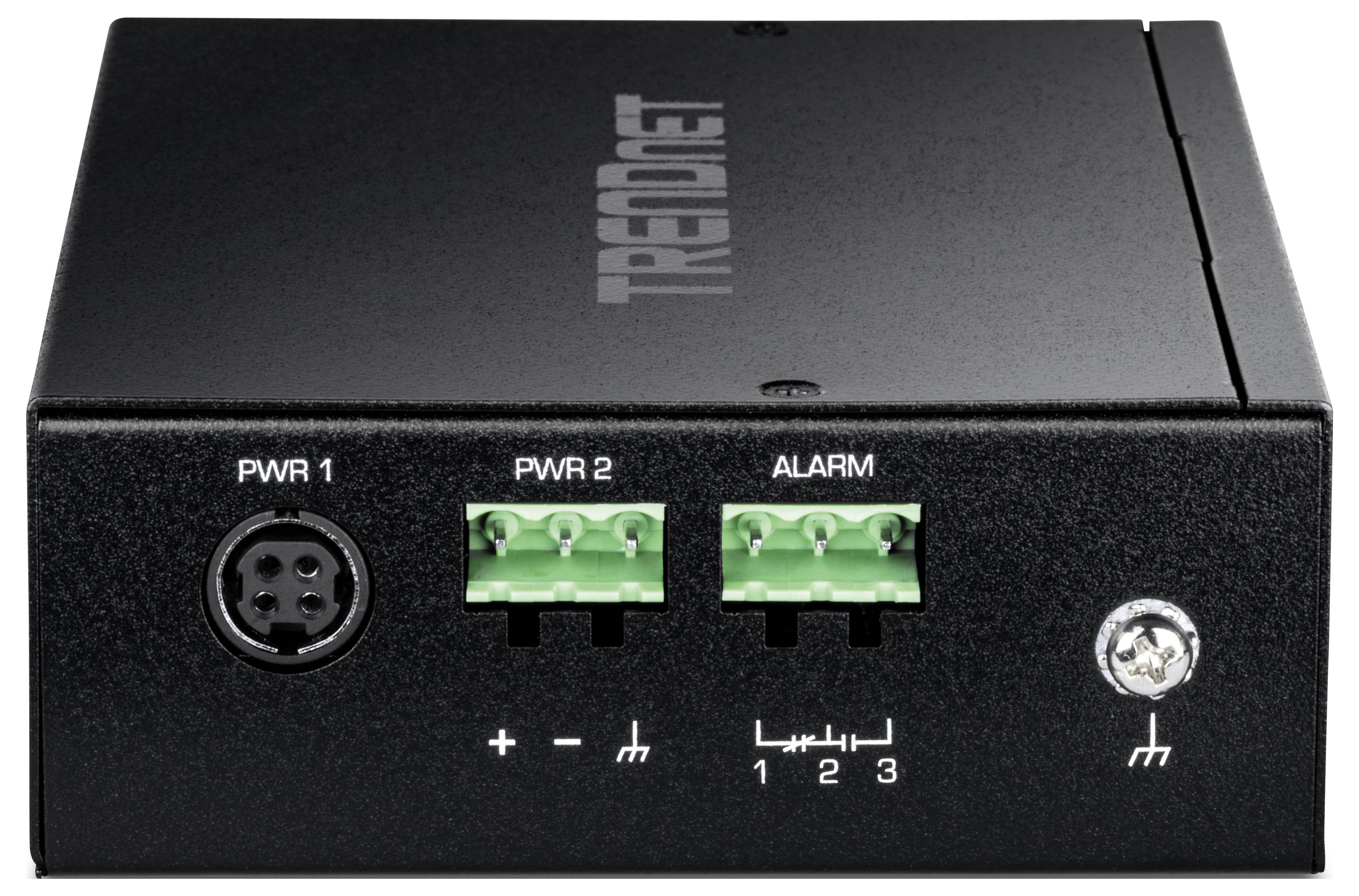 Ein schwarzes Gerät mit 'TRENDnet' an der Oberseite, versehen mit Strom- und Alarmverbindungen an der Vorderseite, beschriftet mit PWR 1, PWR 2 und ALARM, mit Anschlüssen und Symbolen.