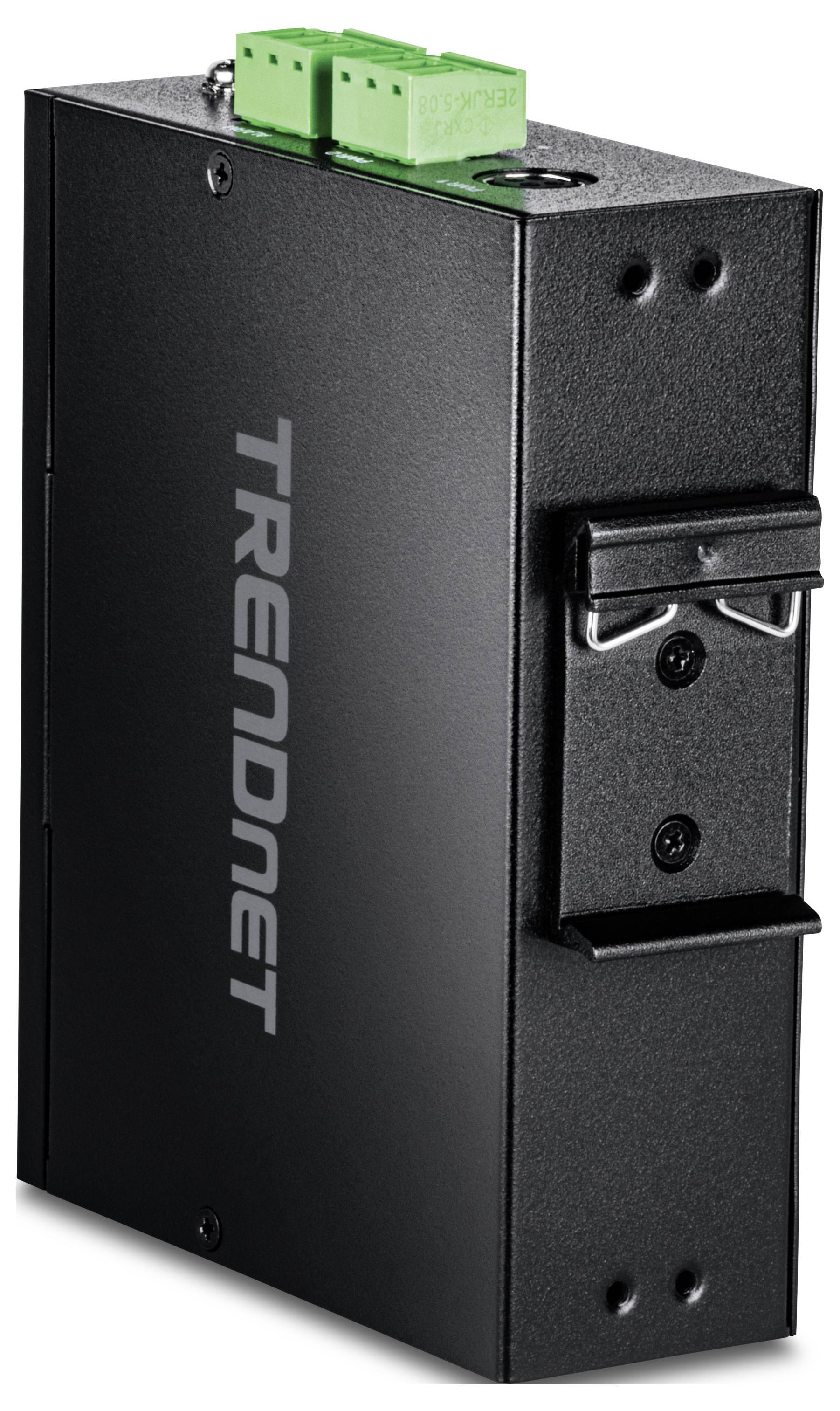 "Industrieller Ethernet-Switch mit „TRENDnet"-Beschriftung, schwarzes Gehäuse, kompaktes Design, grüner Anschlussblock oben, Befestigungsbügel sichtbar."