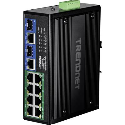 Dies ist ein schwarzer TRENDnet industrieller unmanaged Switch mit 8 Ethernet-Ports und 2 SFP-Steckplätzen, entwickelt für Netzwerkverbindungen in rauen Umgebungen.