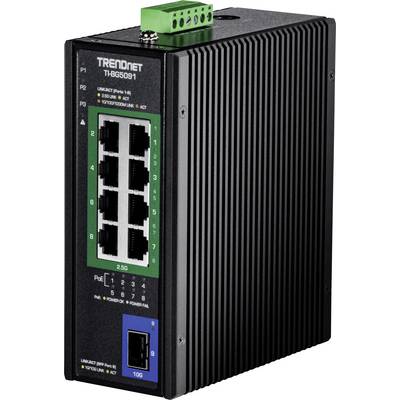 Industrietauglicher Netzwerk-Switch mit fünf Ethernet-Ports, gekennzeichnet als 'TRENDnet TI-BG509i', grüner Anschlussblock oben, schwarzes Gehäuse.
