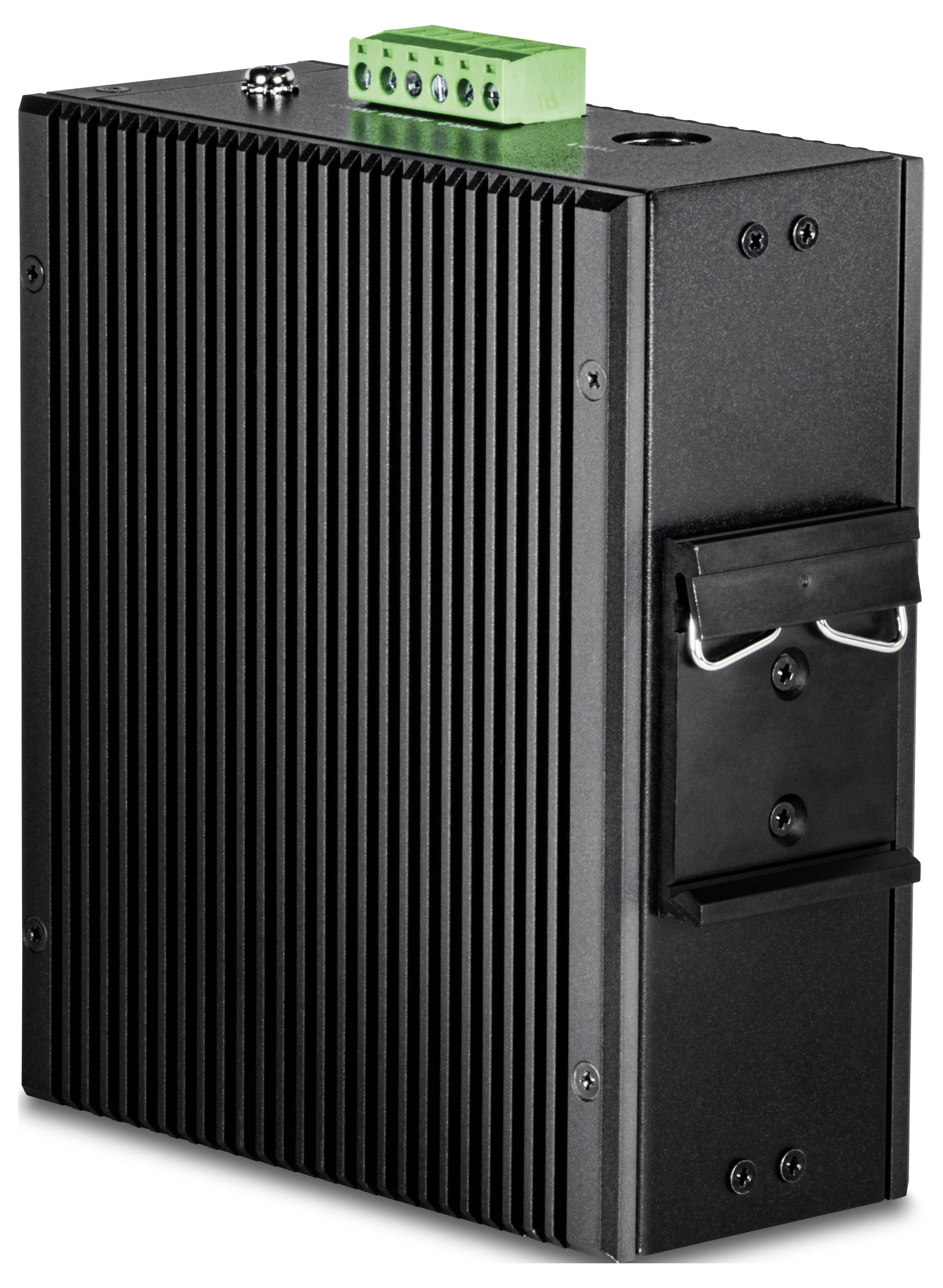 Kompaktes schwarzes industrielles elektronisches Gerät mit Kühlkörper und grünem Anschluss oben, ausgelegt für die Montage auf Schienensystemen.