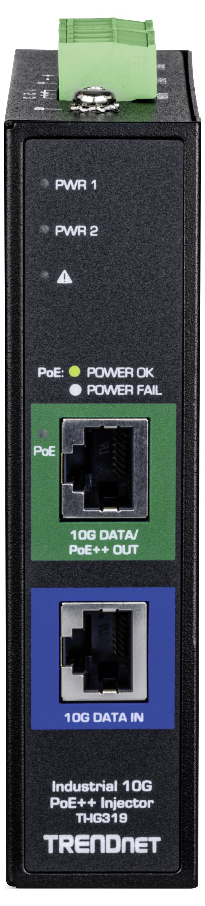 "Industrieller 10G PoE++ Injektor Modell TI-INJ681 von TRENDnet", zeigt Frontansicht mit gekennzeichneten Strom- und Datenanschlüssen.
