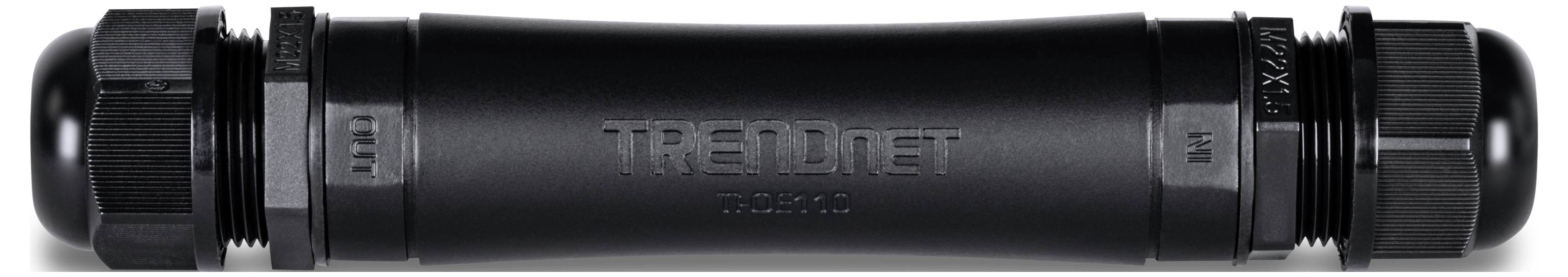 Ein zylindrischer TRENDnet Ethernet-Kabelverbinder mit schwarzen Anschlüssen an beiden Enden.