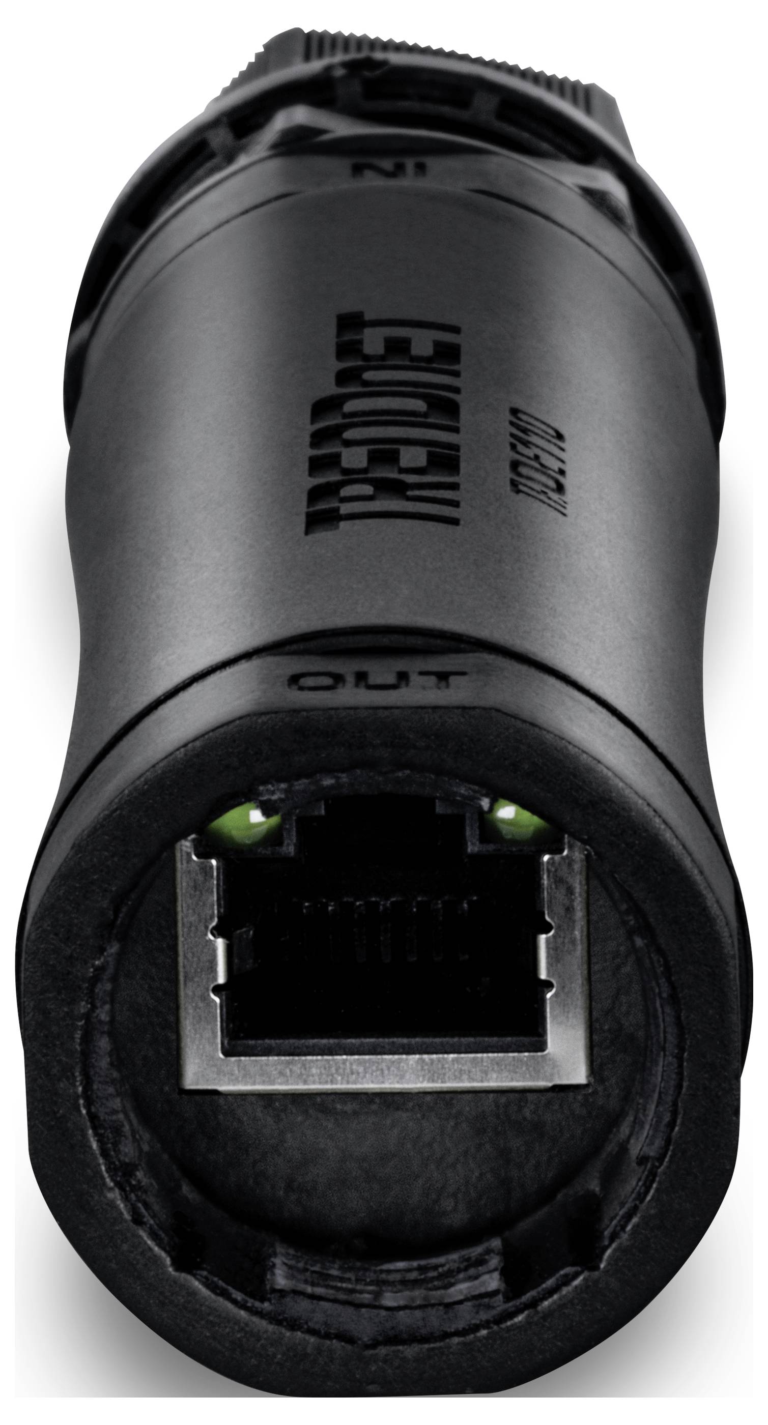 Industrieller Ethernet-Extender mit robustem, zylindrischem Gehäuse, ausgestattet mit einem sichtbaren RJ45-Anschluss an einem Ende für Netzwerkverbindungen.