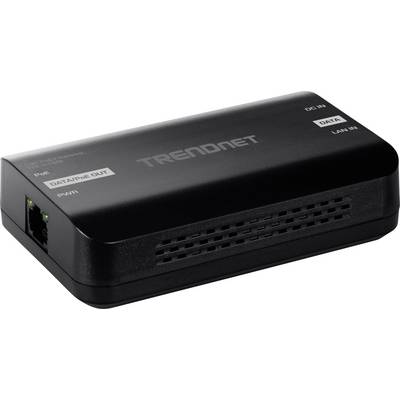 'Trendnet' schwarzer Netzwerk-Switch mit vier beschrifteten Ethernet-Ports: 'PoE', 'Dateneingang', 'Daten/PoE Ausgang', 'LAN-Eingang'.