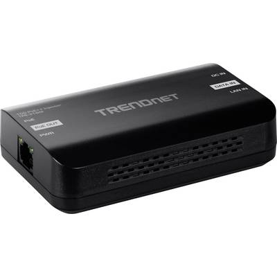 Ein schwarzes TRENDnet PoE-Repeater-Gerät mit Anschlüssen, die als „DC IN", „DATA IN" und „LAN IN" beschriftet sind. Entwickelt zur Erweiterung von Daten und Stromversorgung über Ethernet.