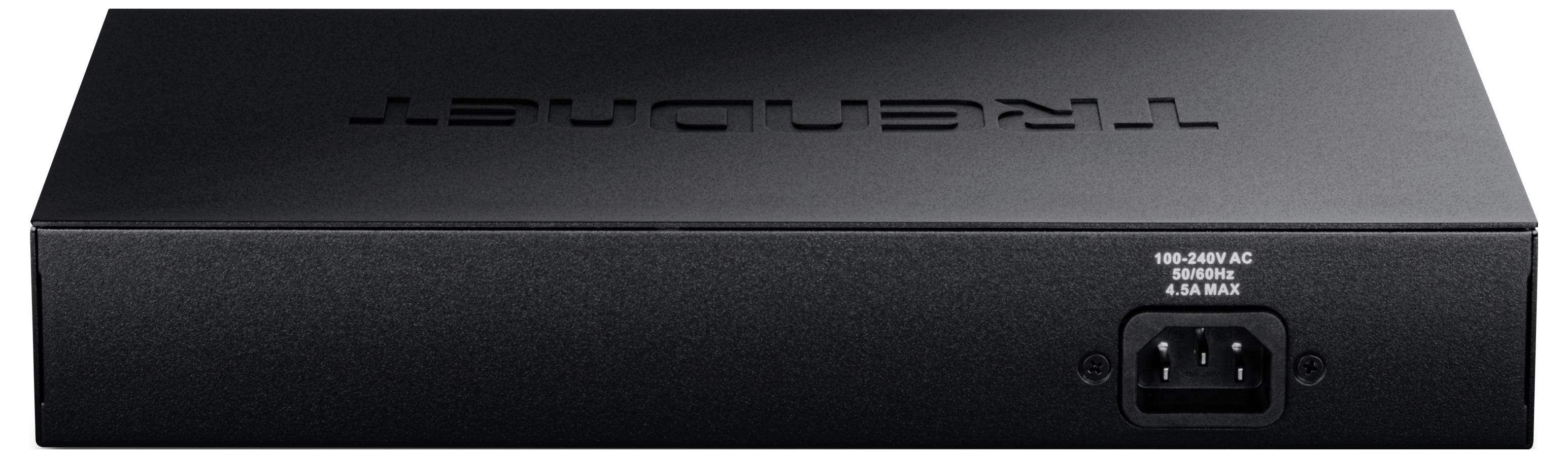 "Rückansicht eines schwarzen Trendnet-Netzwerk-Switches mit Stromeingangsbuchse, beschriftet mit „100-240V AC, 50/60Hz, 4.5A Max.""