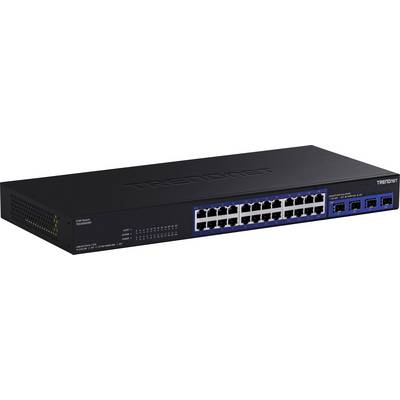 Ein schwarzer TRENDnet-Netzwerkswitch mit 24 Ethernet-Ports und vier zusätzlichen Anschlüssen für Glasfaserverbindungen, entwickelt für Netzwerkmanagement.