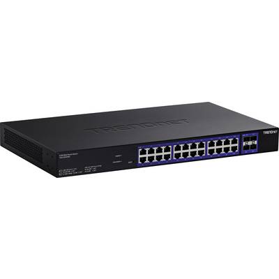 Ein schwarzer TRENDnet-Netzwerk-Switch mit 24 Ethernet-Ports und 2 Uplink-Ports auf dem Frontpanel, der zum Verbinden mehrerer Geräte in einem Netzwerk verwendet wird.