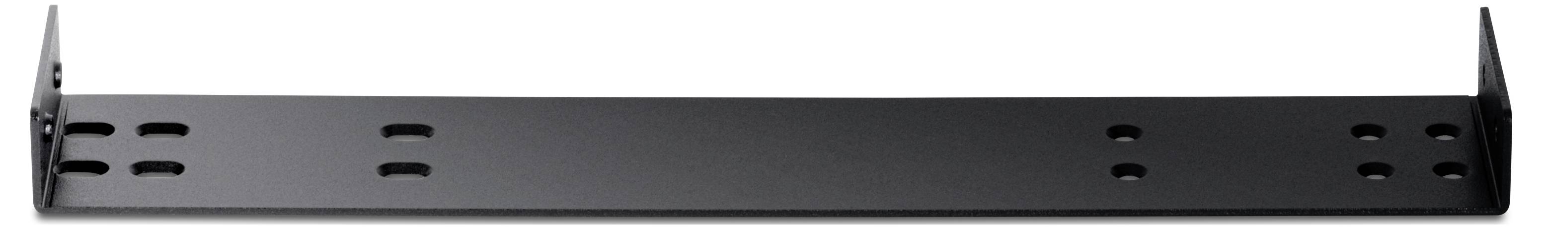 Eine flache schwarze Metallhalterung mit Befestigungslöchern an beiden Enden, die zum Befestigen von Geräten in einer Standard 19-Zoll-Rack-Konfiguration verwendet wird.