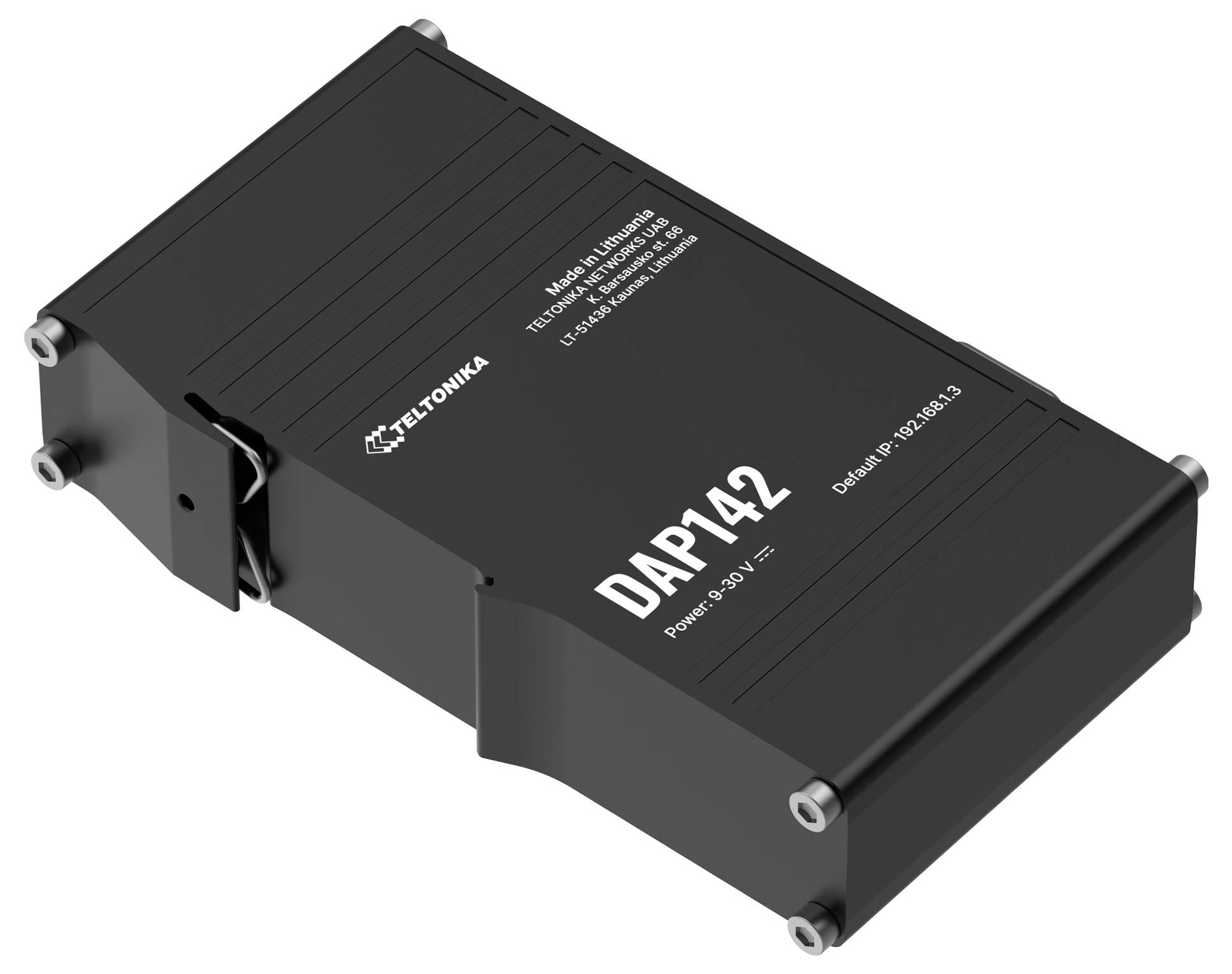 'Teltonika DAP142' automotives elektrisches Bauteil, schwarzes rechteckiges Gerät mit verschraubten Enden, verwendet zur Stromregulierung von 9-30V.