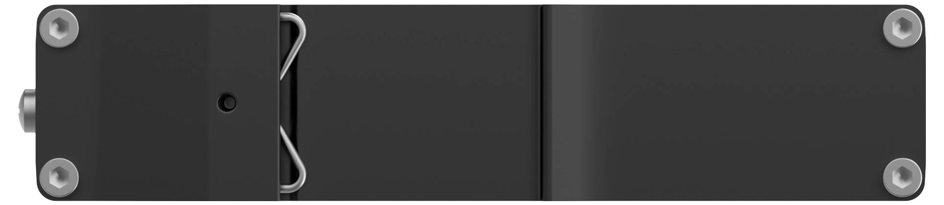 Ein schwarzes rechteckiges Gerät mit metallfarbenen Kanten und einer Klammer, möglicherweise ein kompaktes Faltwerkzeug oder elektronisches Gerät.