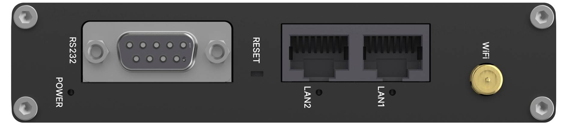 Ein schwarzes Gerätepanel mit RS232-Stromport, Rücksetztaste, zwei LAN-Anschlüssen mit der Beschriftung "LAN1" und "LAN2" sowie einem WLAN-Antennenanschluss.