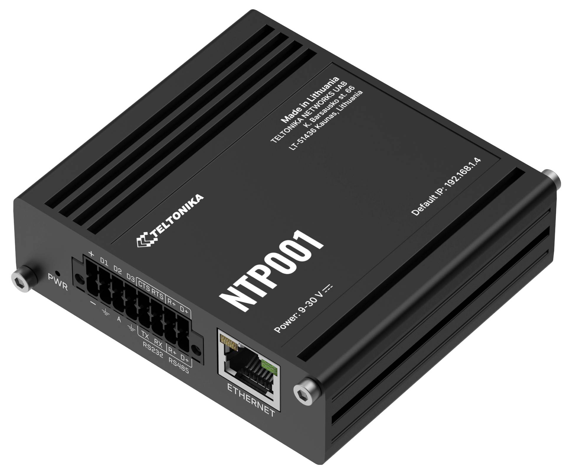 'TELTONIKA NTP001' Gerät, schwarze rechteckige Form, Ethernet-Anschluss, Stromeingangssektion, gekennzeichnet für 9-30V Stromversorgung, hergestellt in Litauen.