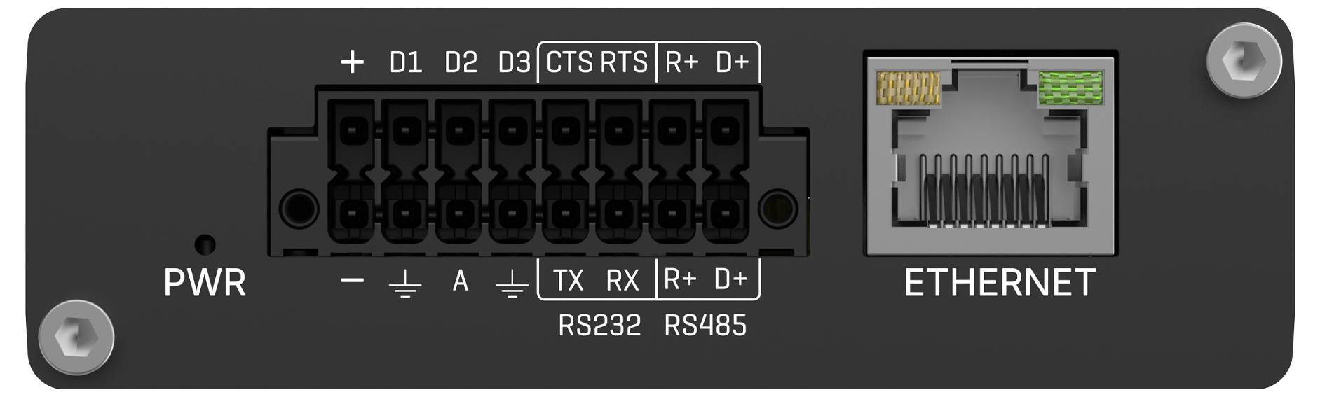 Nahaufnahme einer schwarzen elektronischen Gerätetafel mit Strom- (PWR) und Ethernet-Anschlüssen, die RS232/RS485 Verbindungsoptionen zeigt.
