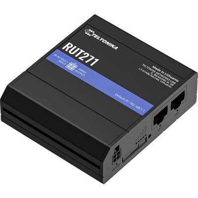 Ein schwarzer Teltonika RUT271 Router mit Anschlüssen an einer Seite. Etikett zeigt den Modellnamen und die Standard-IP-Adresse '192.168.1.1'.