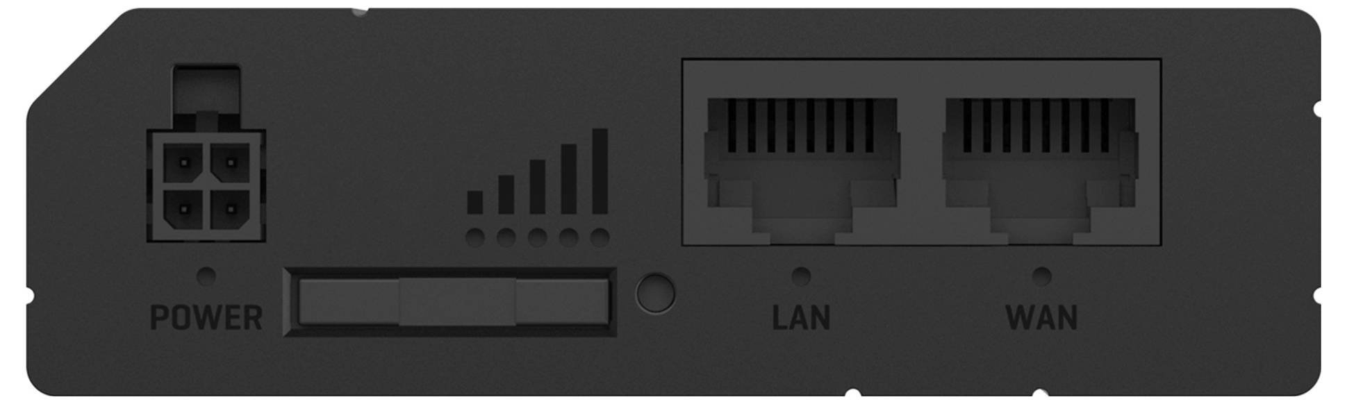 Rückseite eines Routers mit zwei Ethernet-Ports, die als LAN und WAN beschriftet sind, einem Stromeingangsstecker, einer Signalstärkeanzeige und einem Netzschalter.