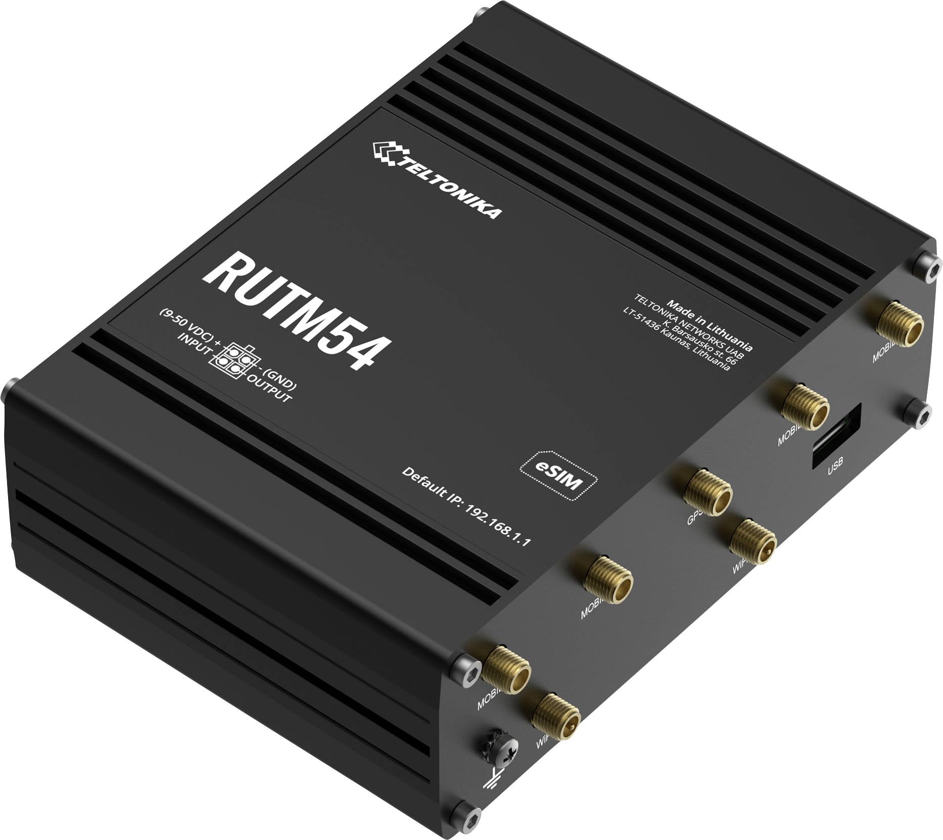 Ein schwarzer Teltonika RUTM54 Router mit mehreren Anschlüssen und Antennen für Netzwerkverbindungen. Modell- und Markenname auf der Oberseite beschriftet.