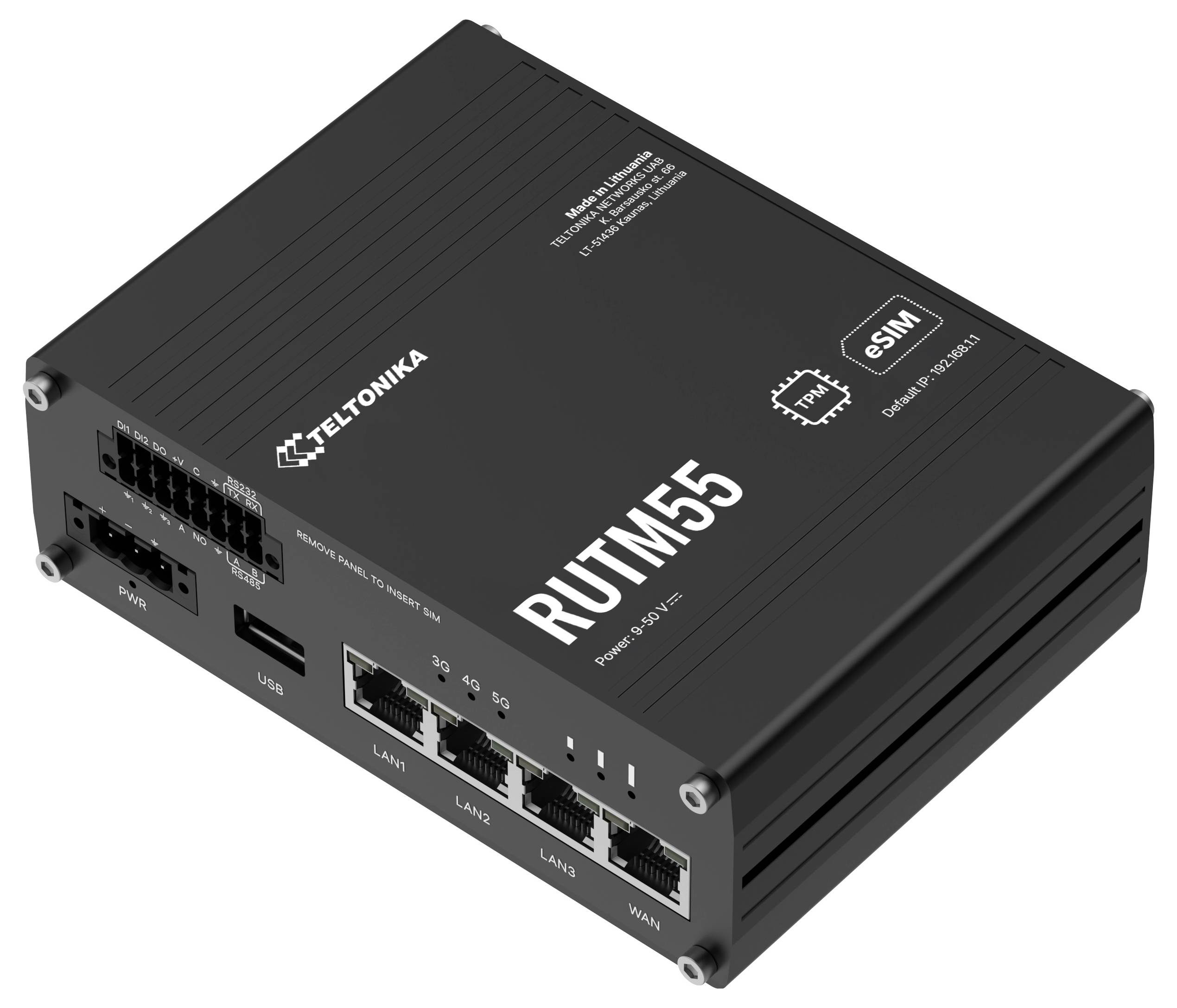 Ein schwarzes Teltonika RUTM55 Netzwerkgerät mit verschiedenen Anschlüssen, beschriftet mit 'SIM', 'LAN1', 'LAN2', 'WAN', USB und Antennenanschlüssen.