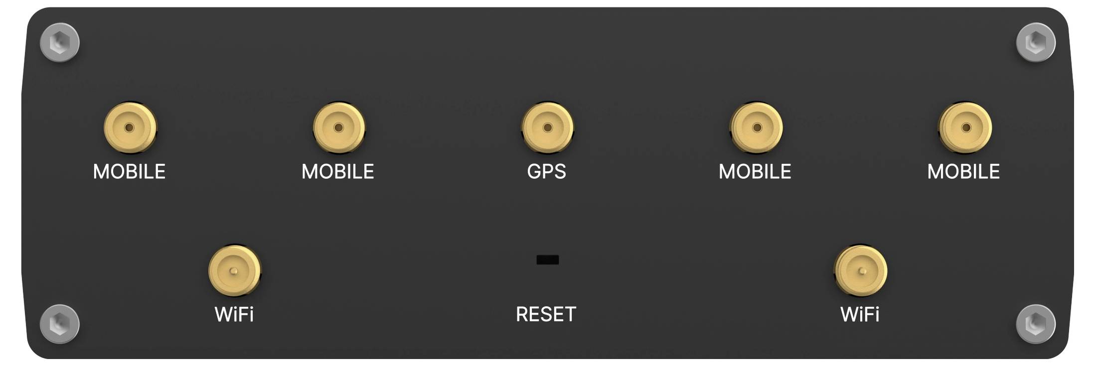 Schwarzes Panel mit acht beschrifteten Anschlüssen: 4 MOBILE, 2 WiFi, 1 GPS und 1 RESET-Taste in der Mitte; jeder Anschluss ist von einem Messingring umgeben.
