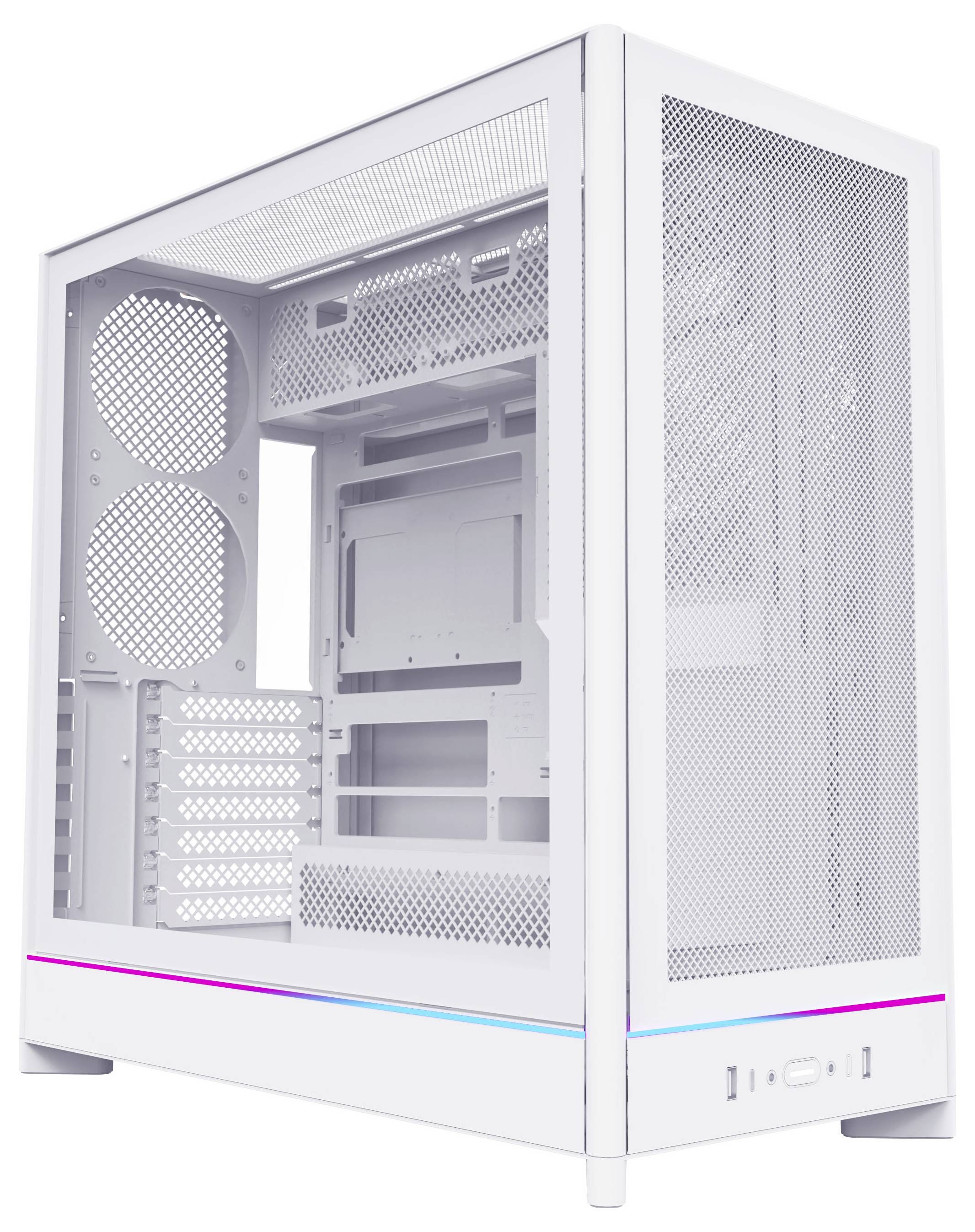 Weißes Computergehäuse mit seitlichen Belüftungsöffnungen, zwei vorinstallierten Heckentlüftern und RGB-Beleuchtungsakzenten an der Frontseite. Das Gehäuse ist für optimale Luftzirkulation konzipiert.
