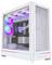 Ein weißer Gaming-Computertower mit transparenter Seitenwand, der RGB-beleuchtete Lüfter und Komponenten präsentiert, entwickelt für High-Performance-Gaming.