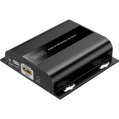 HDMI IP Receiver-Gerät mit Anschlüssen für HDMI-Ausgang und IR-Eingang, gekennzeichnet als 'DIGITUS HDMI IP RECEIVER 4K/60Hz'.